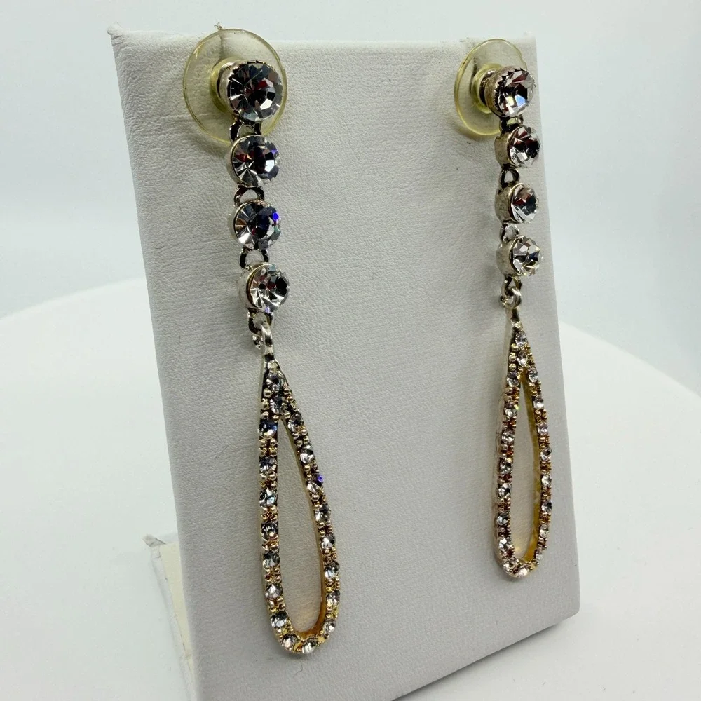 Vintage Gold Tone Dangle Earrings AB Rhinestone Teardrop Open Hoop Statement Y2K